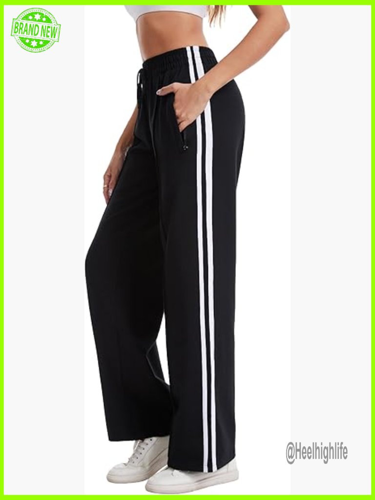 Wide Leg Track Pants With Zip Pockets, High Rise Joggers